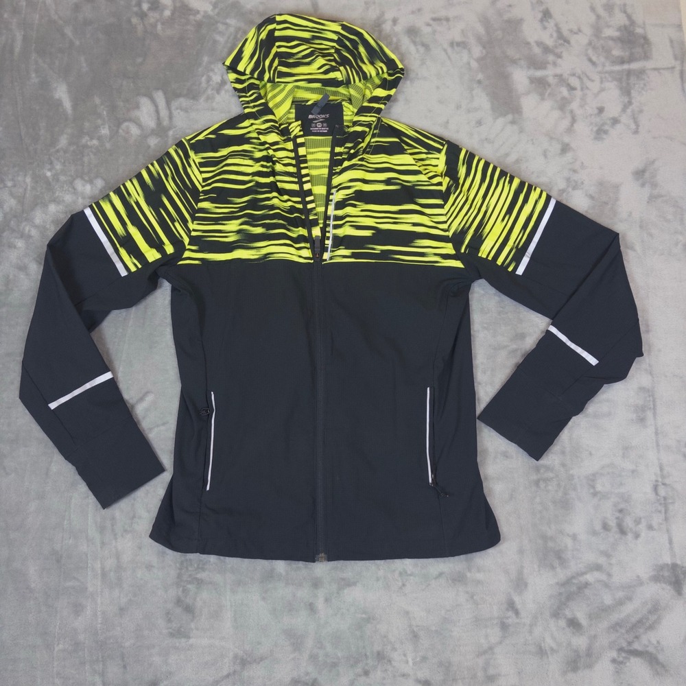 Brooks Running Jacket Womens Medium Black Neon Yellow Reflective Windbreaker